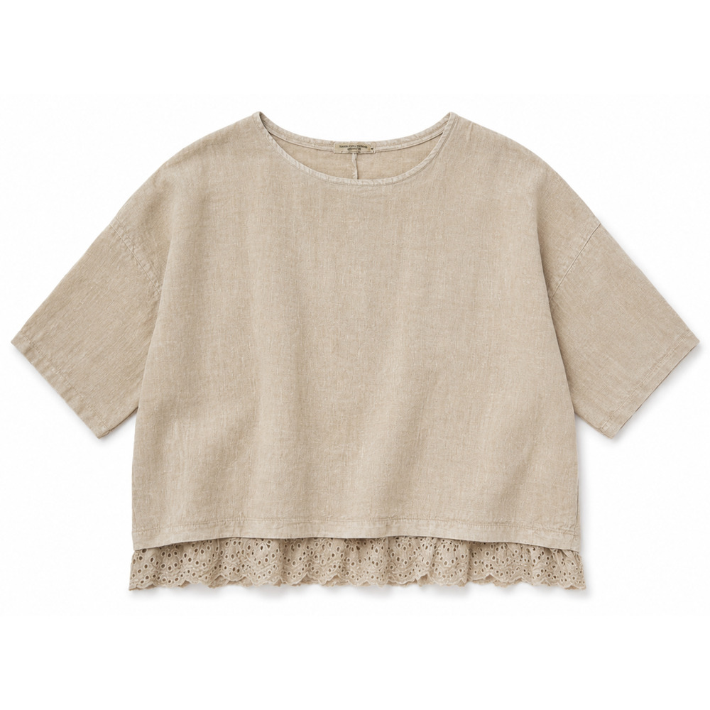 Francesca Bettini Womens M Beige Linen Eyelet Lace Hem 3/4 Sleeve Italy Boho Top - Picture 2 of 10